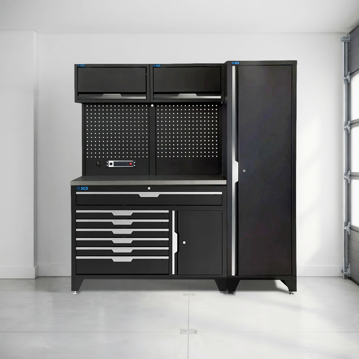 SGS 7pc Modular Garage Storage | Deeper Stainless Steel Double Worktop | 7 Drawers | 3x Lift‑Up Wall Cabinets | Deep Tall Single Cabinet | Pegboard with Power Strip